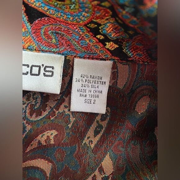Chico's Jacket Womans Sz M Silk Blend Paisley Multicolor Metallic Button Pocket - Picture 7 of 16